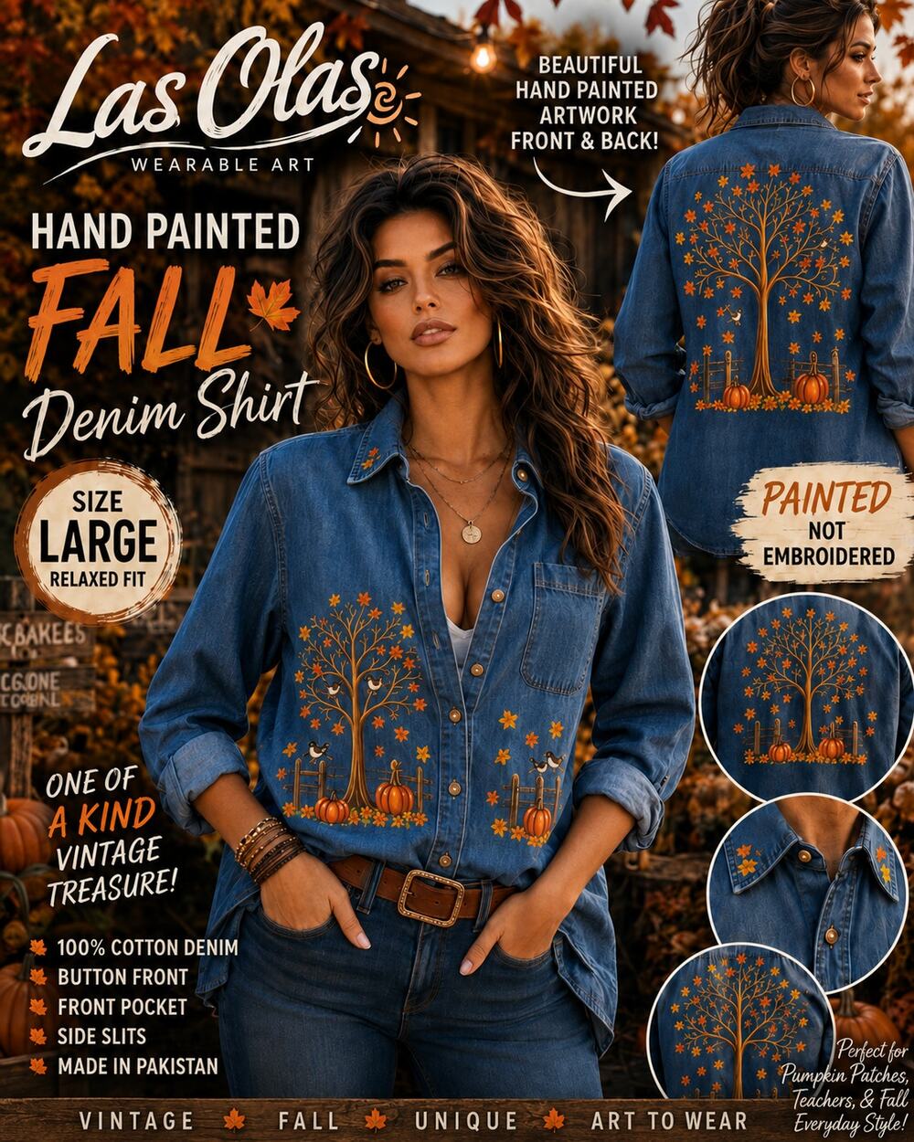 Vintage Las Olas Hand Painted Fall Denim Shirt Pumpkins Birds Large